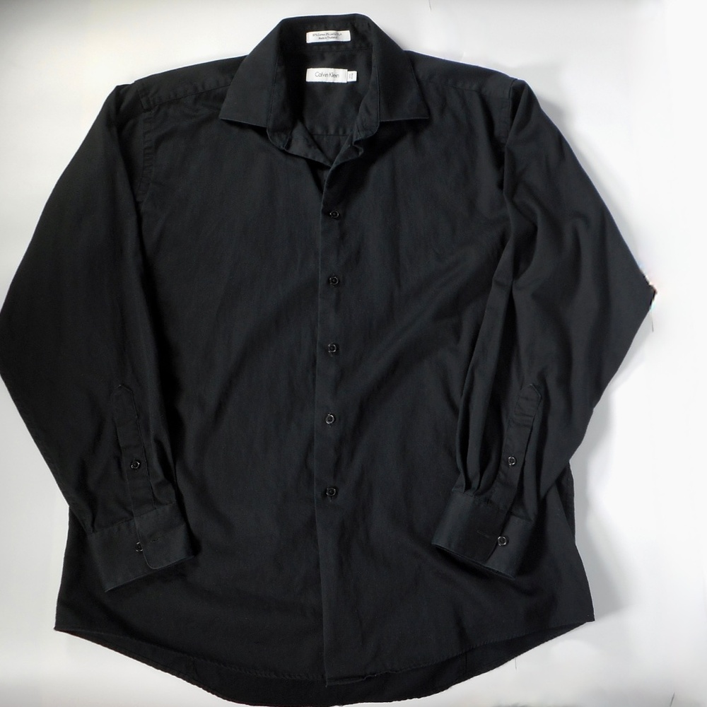 Calvin Klein Mens Black Dress Shirt 16 1/2 34/35 Formal 97% Cotton 3% Stretch